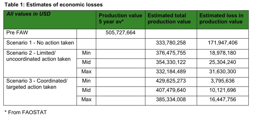 Fall armyworm estimates of economic losses