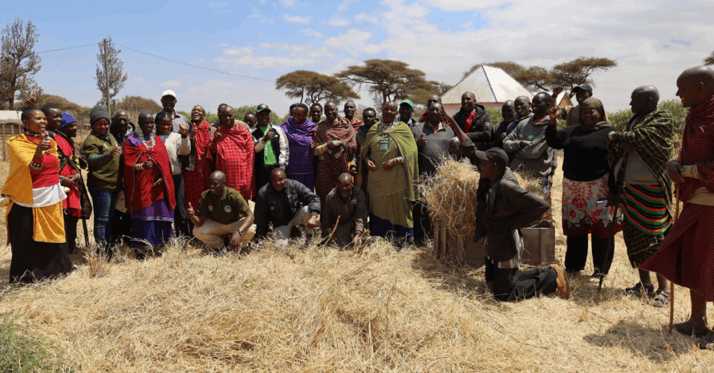 A group of farmers hay baling in Tanzania