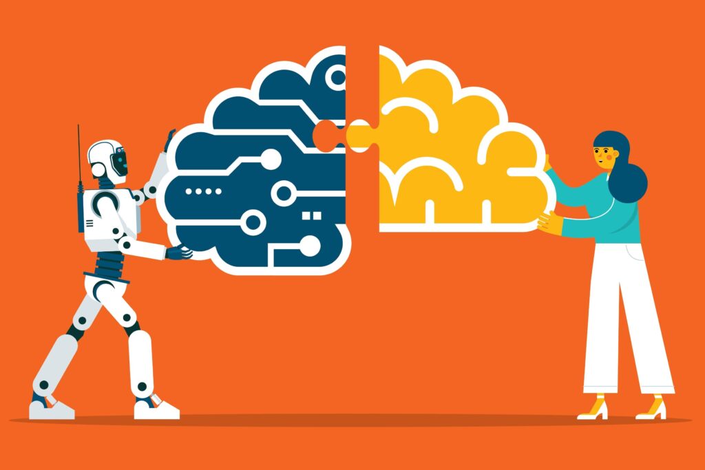 Illustration of AI robot connecting thoughts with a human.
