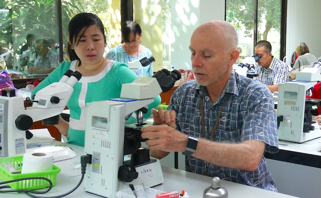 Researchers examine microscope slides during an ASEAN regional diagnostic workshop to strengthen plant health